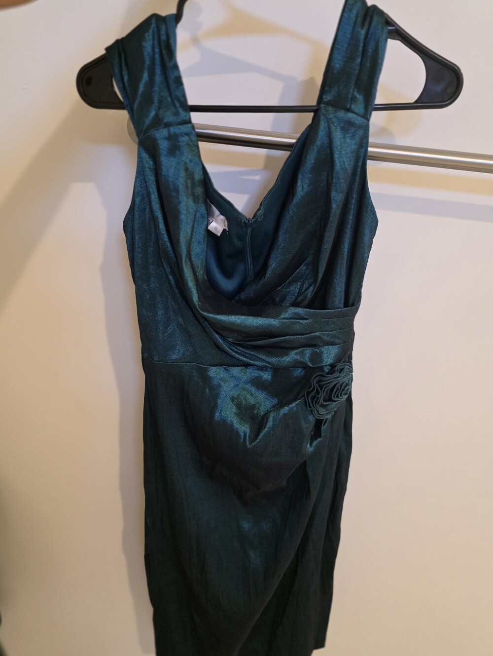 London Times Shimmering Teal Cowl Neck Midi Dress with Rosette
